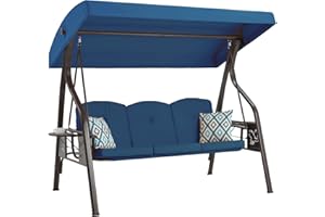 ZZW 3-Seat Outdoor Porch Swing with Stand, Patio Swing with Canopy, 2 in 1 Porch Swing Bed & Patio Swing Chair for Adult w/Extra Pillows and Cup Holder for Yard (Blue)
