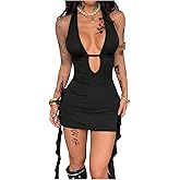 GORGLITTER Women's Open Back Halter Ruffle Y2k Mini Dress Sleeveless Sexy Bodycon Dresses