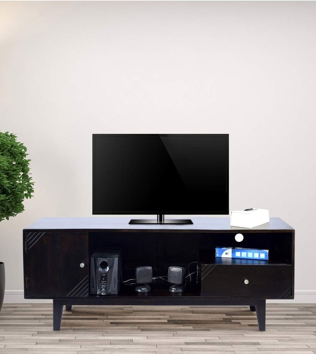 Solid Wood SHABY 1.45 Meter 1 Door 1 Draw TV Unit Cabinet Entertainment Stand (Walnut Finish)