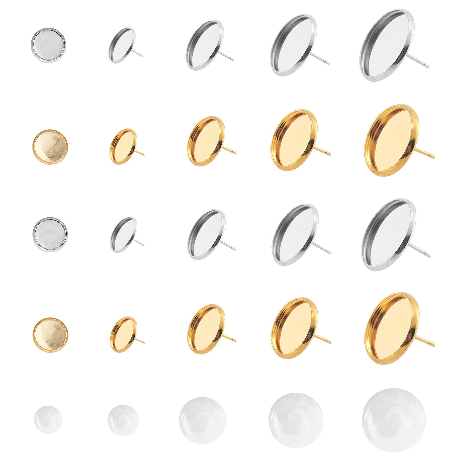 UNICRAFTALE 10/12/14mm Earring Bezel with Half Round Cabochons 80 Sets Stainless Steel Stud Earring Cabochon Setting Earring Blank Bezel Tray with NO Ear Backs for Earring Jewelry Making