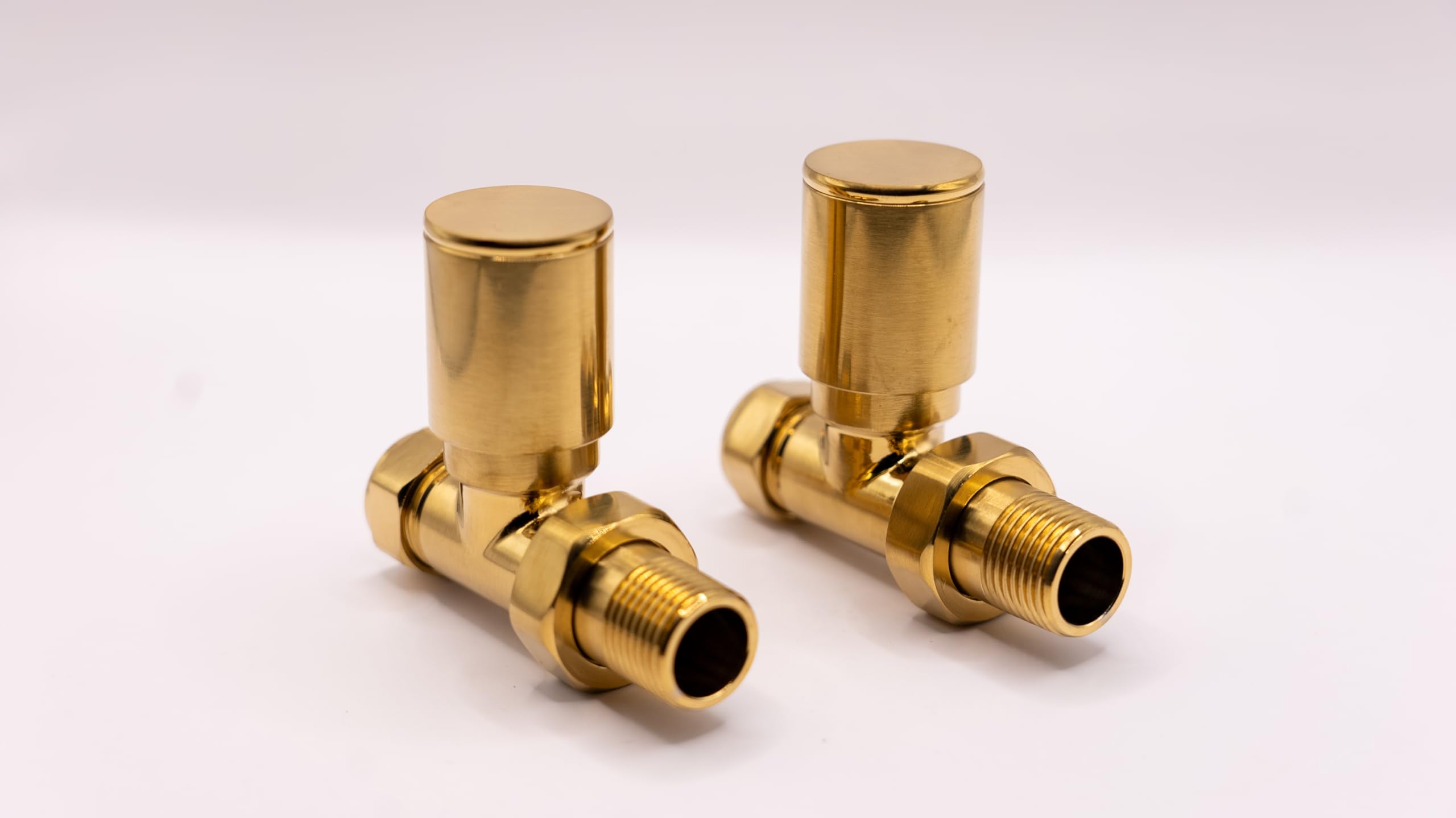 Round Brushed Gold Valve Set - Heated Towel Rail/Radiator Block Valves (Twin Pack) with Round Metal Handles Brush Brass (Brushed Brass Straight Valve Set)