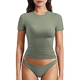 YEOREO Women Fitted Workout Tops Short Sleeve Double Lined Basic Y2K Going Out Crew Neck Compression Crop Top