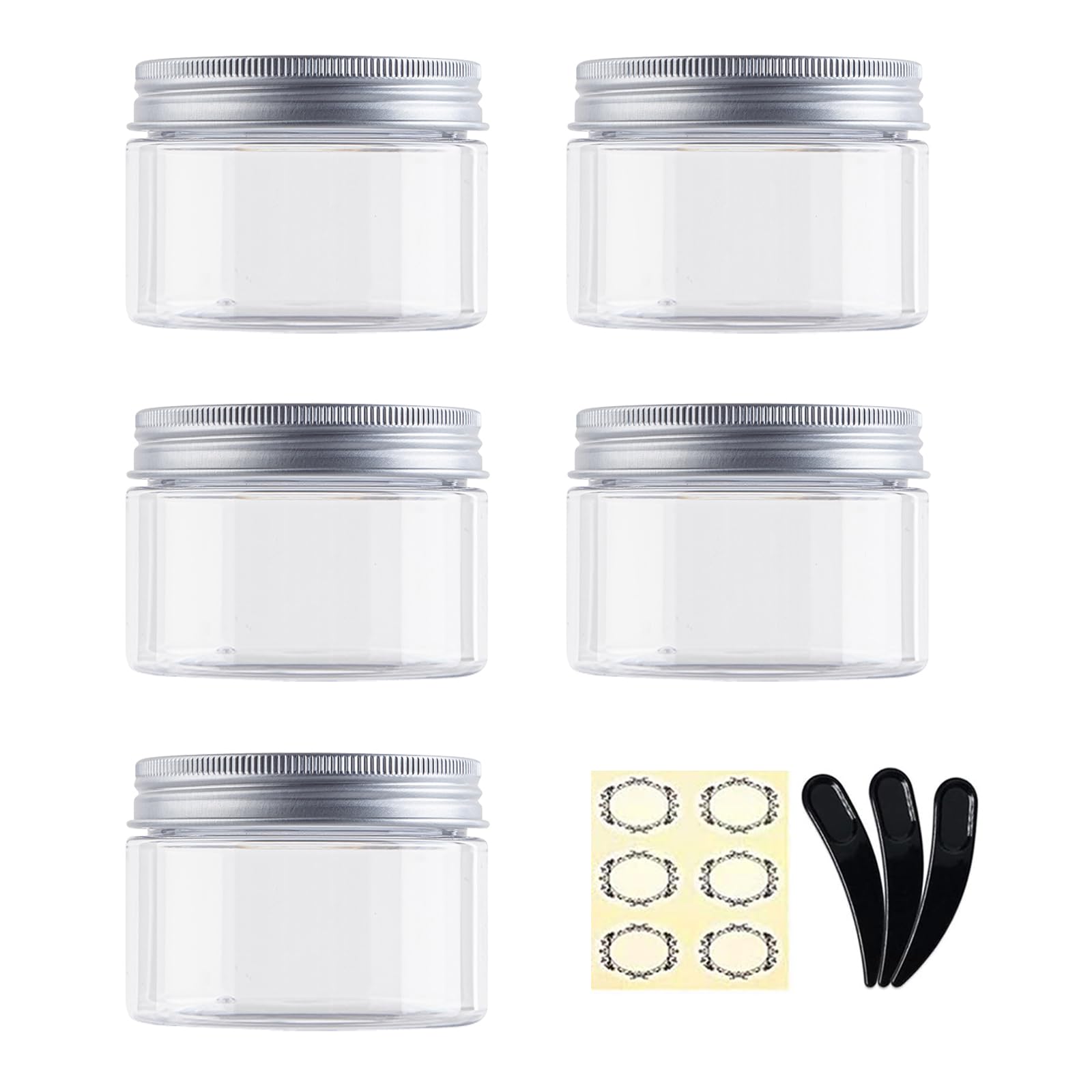 Alledomain 5PCS 120ML Clear Round Cosmetic Containers with Inner Liners & Aluminum Alloy Lids - Travel Jars for Lip, Body Scrub, Lotion, Powder, Ointment, Makeup