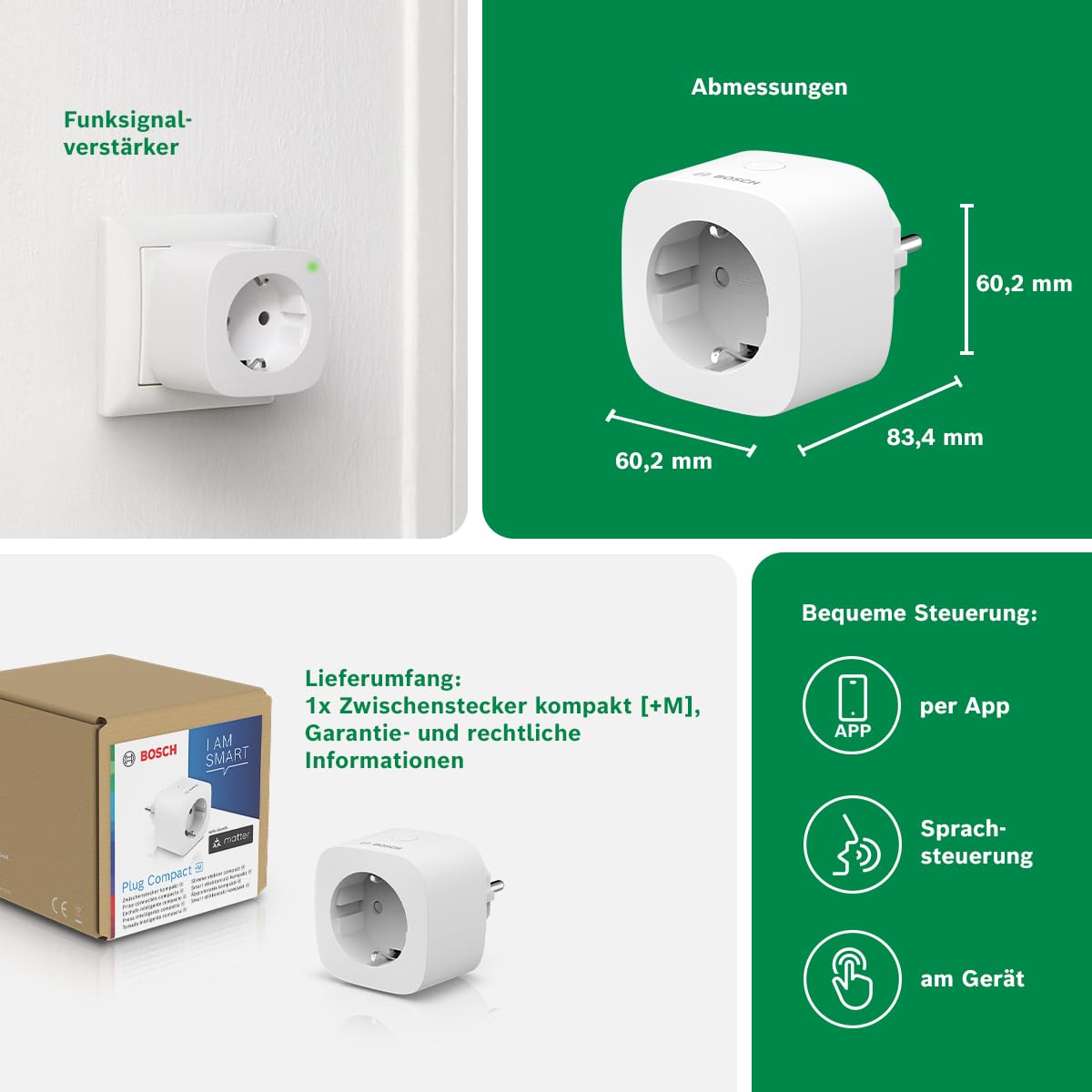 Bosch Smart Home Zwischenstecker Kompakt [+M], smarte Steckdose mit Matter, Stromverbrauch messen & Energiekosten senken, App- & Sprachsteuerung, Apple Home, Google Home & Alexa kompatibel 3