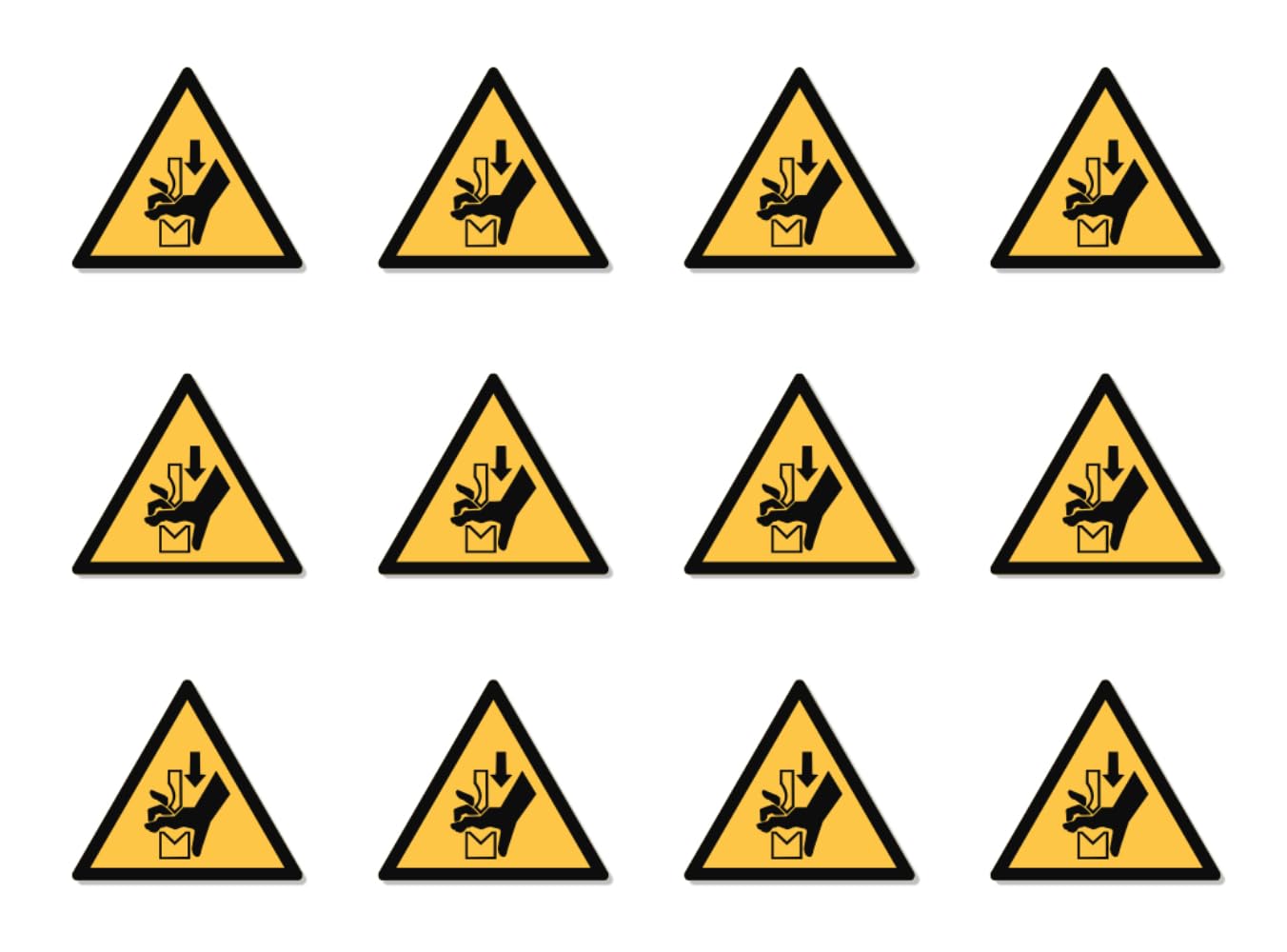 Warning against the risk of squeezing the hand between tools of a press: W030 - DIN EN ISO 7010 / ASR A1.3 - Sticker: diameter 2.5 cm, pack of 12