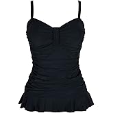 Hilor Women's 50's Retro Ruched Tankini Swimsuit Top with Ruffle Hem Bathing Suit Top Tummy Control Swim Tops