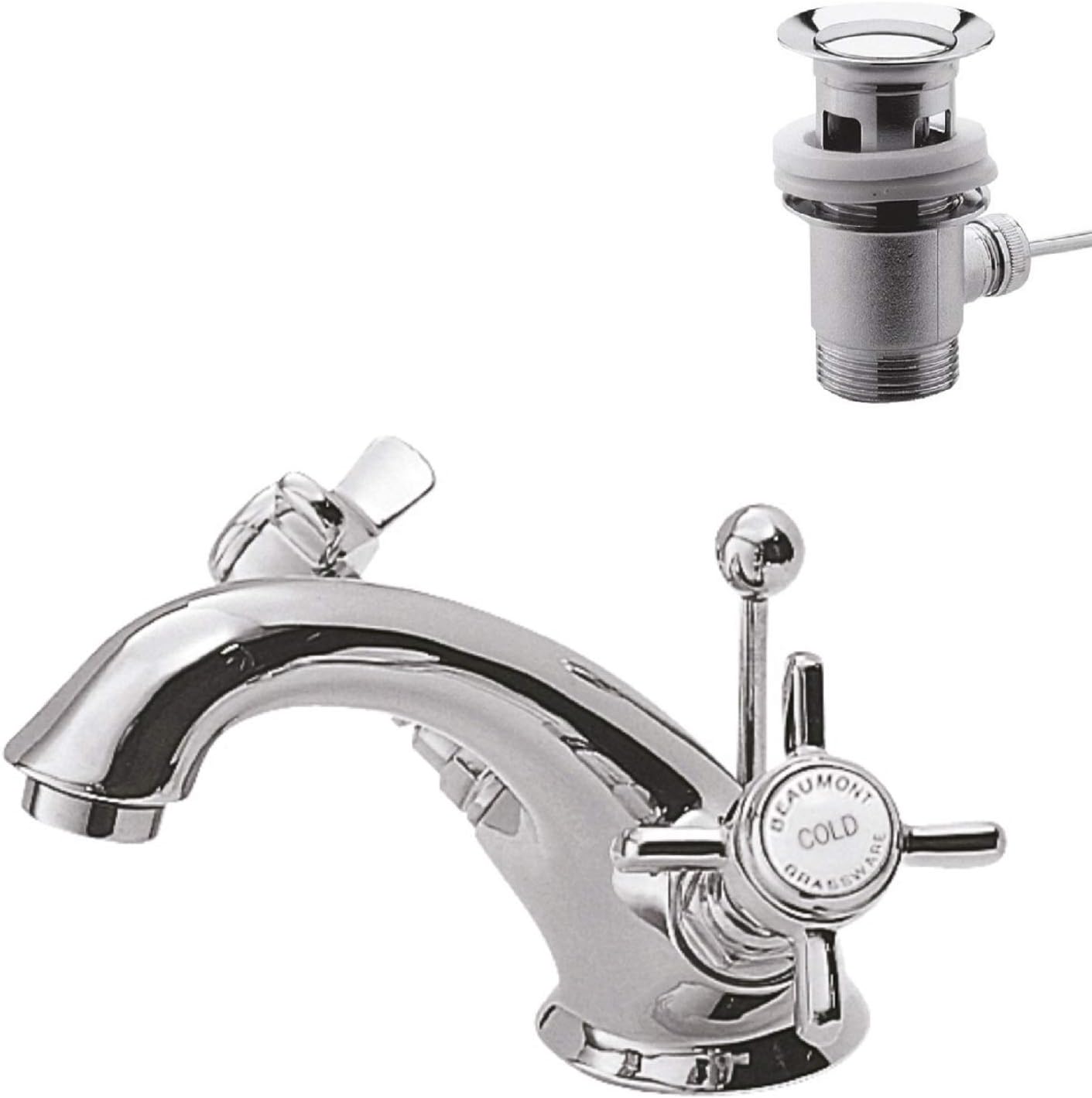 nuie I305X Beaumont Traditional Bathroom Luxury Crosshead Handle Mono Basin Mixer Tap with Pop-Up Waste, 112 x 62 x 197mm , Chrome