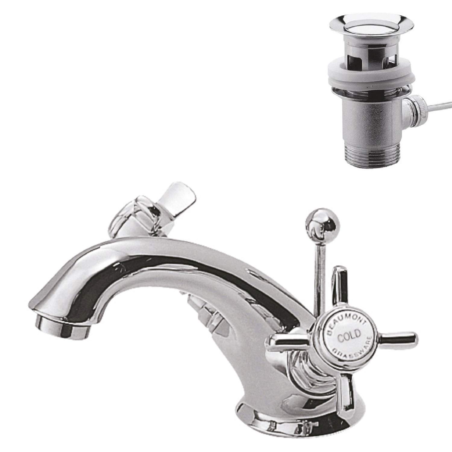 nuie I305X Beaumont Traditional Bathroom Luxury Crosshead Handle Mono Basin Mixer Tap with Pop-Up Waste, 112 x 62 x 197mm , Chrome