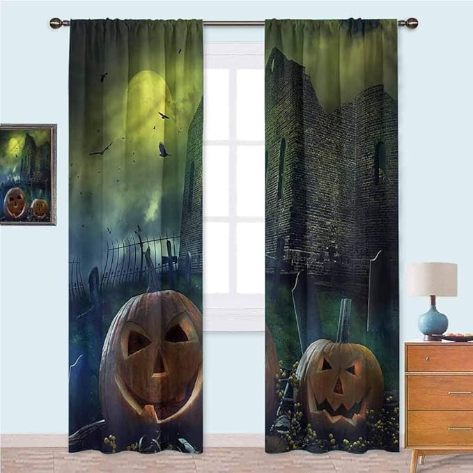 YUAZHOQI Halloween Curtains for Bedroom Pumpkin in Spooky Grave Window