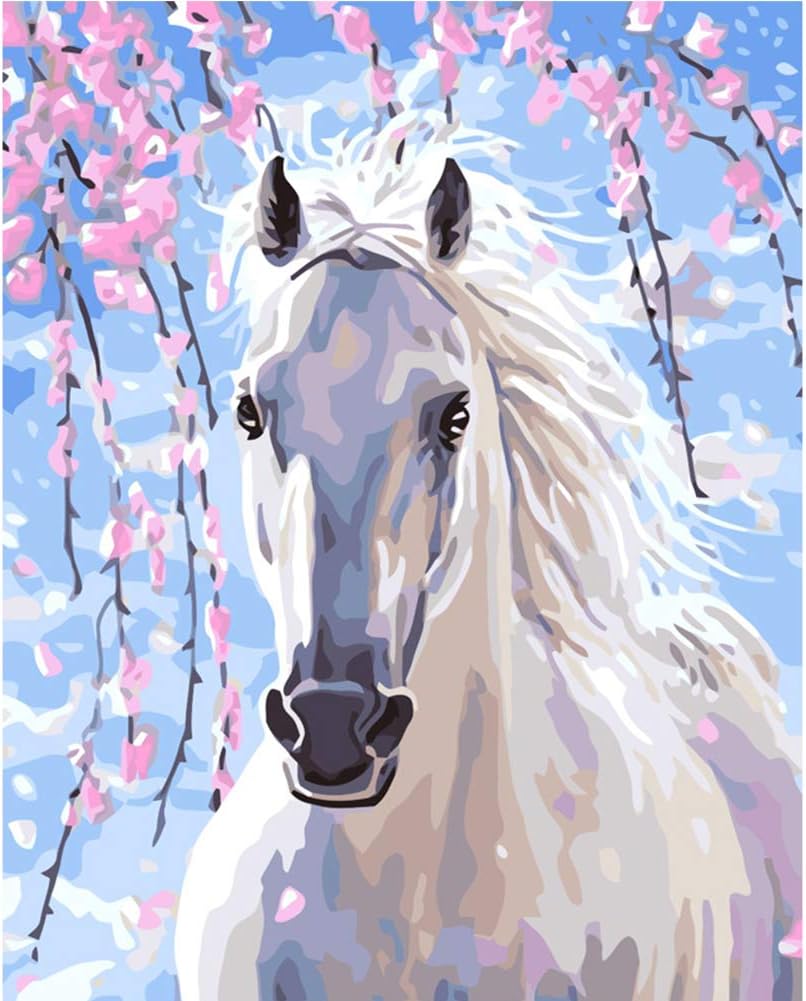 BERYART DIY Oil Painting, Acrylic Pigment Paint by Number Kit for Adults,Kids,Students,Beginner - White Horse 16x20 inch (Without Frame)