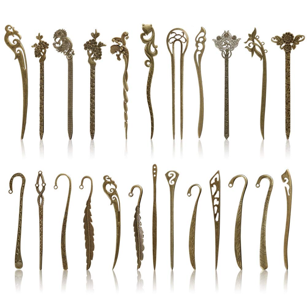 24 Pieces Chinese Hair Sticks Handmade Vintage Women Girl Hair Chopstick Bronze and Classic Hair Fork Accessory for Christmas Gift Black five