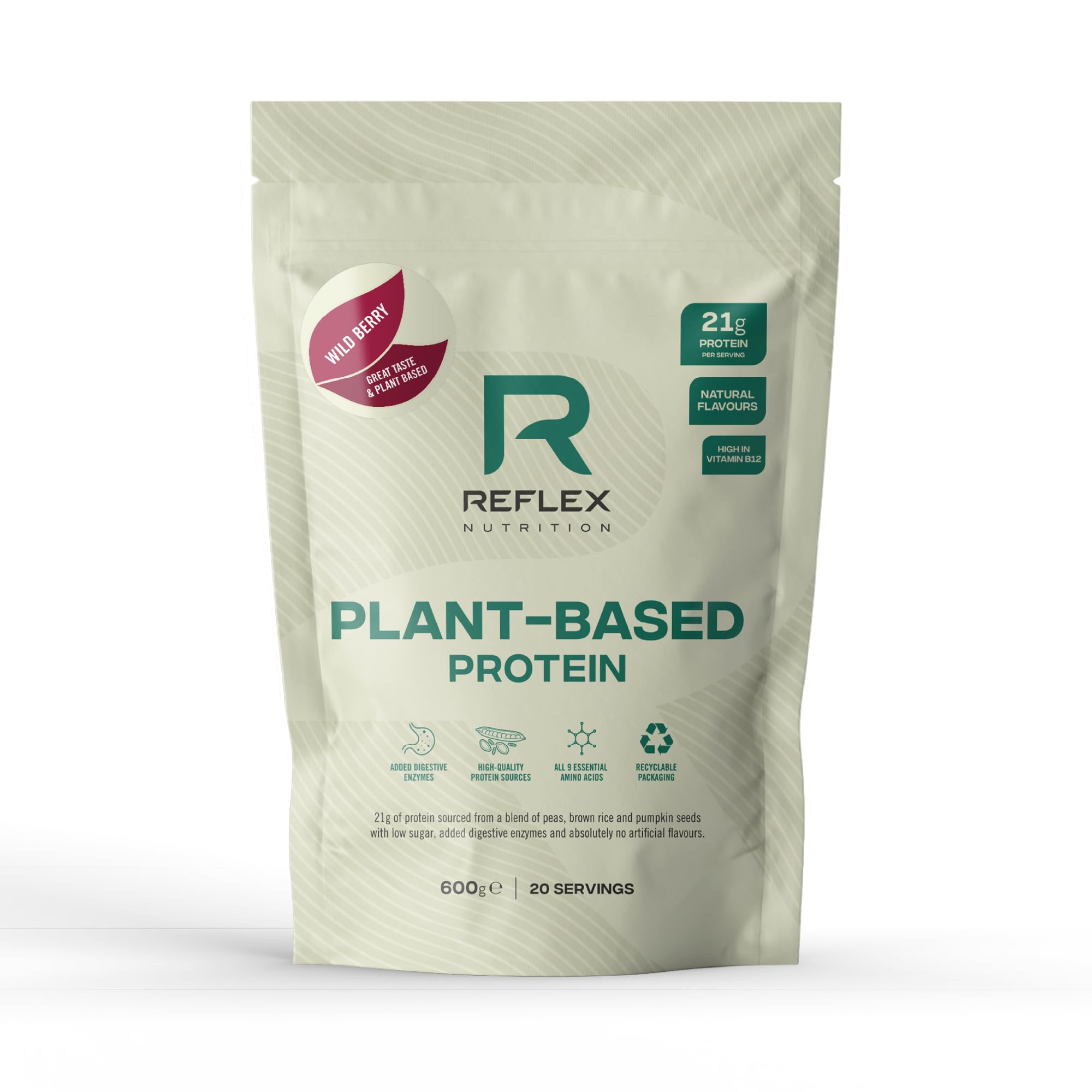 Reflex Nutrition Plant Based Protein - 21g Vegan Protein Powder (Pea Protein, Brown Rice Protein & Pumpkin Seeds) - Added Digestive Enzymes & Vitamin B12 - Natural Flavours (Wild Berry, 20 Servings)