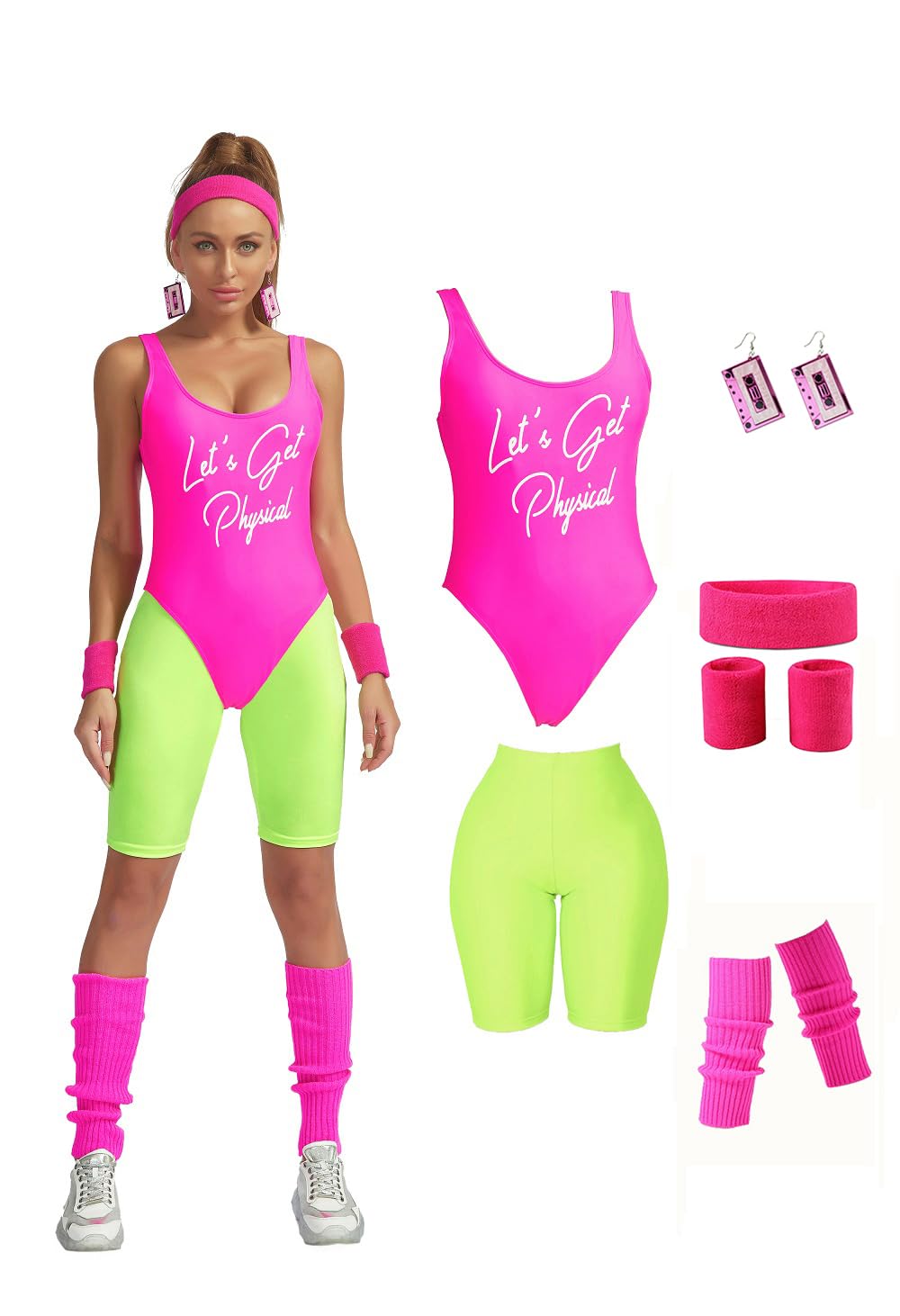 Photo 1 of MIAIULIA Womens 80s Workout Costume Outfit 80s Accessories Set Neon Shorts Earring Leg Warmers Headband Wristbands lets get physical Short Pink M