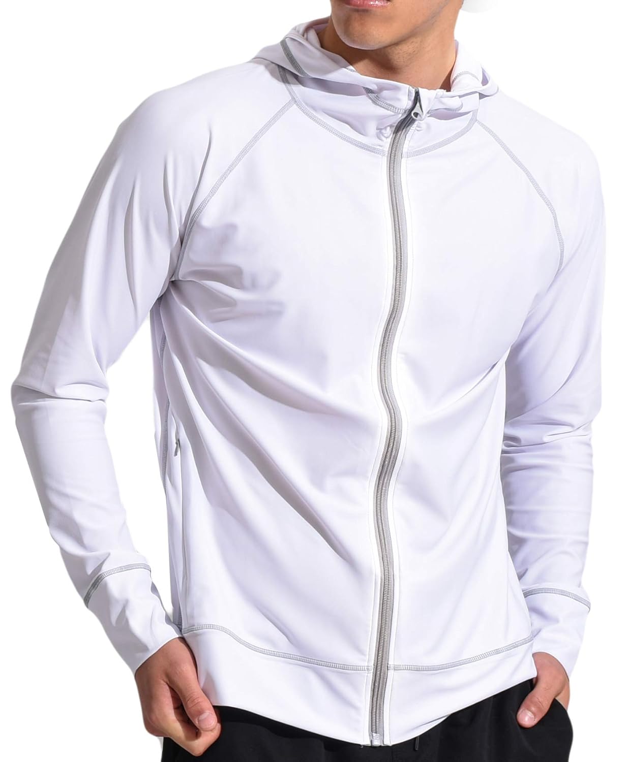ファスナーポケット付き ラッシュガード メンズ 水着 UVカット 長袖 パーカー UPF50+ ls19002 S ホワイト/グレー