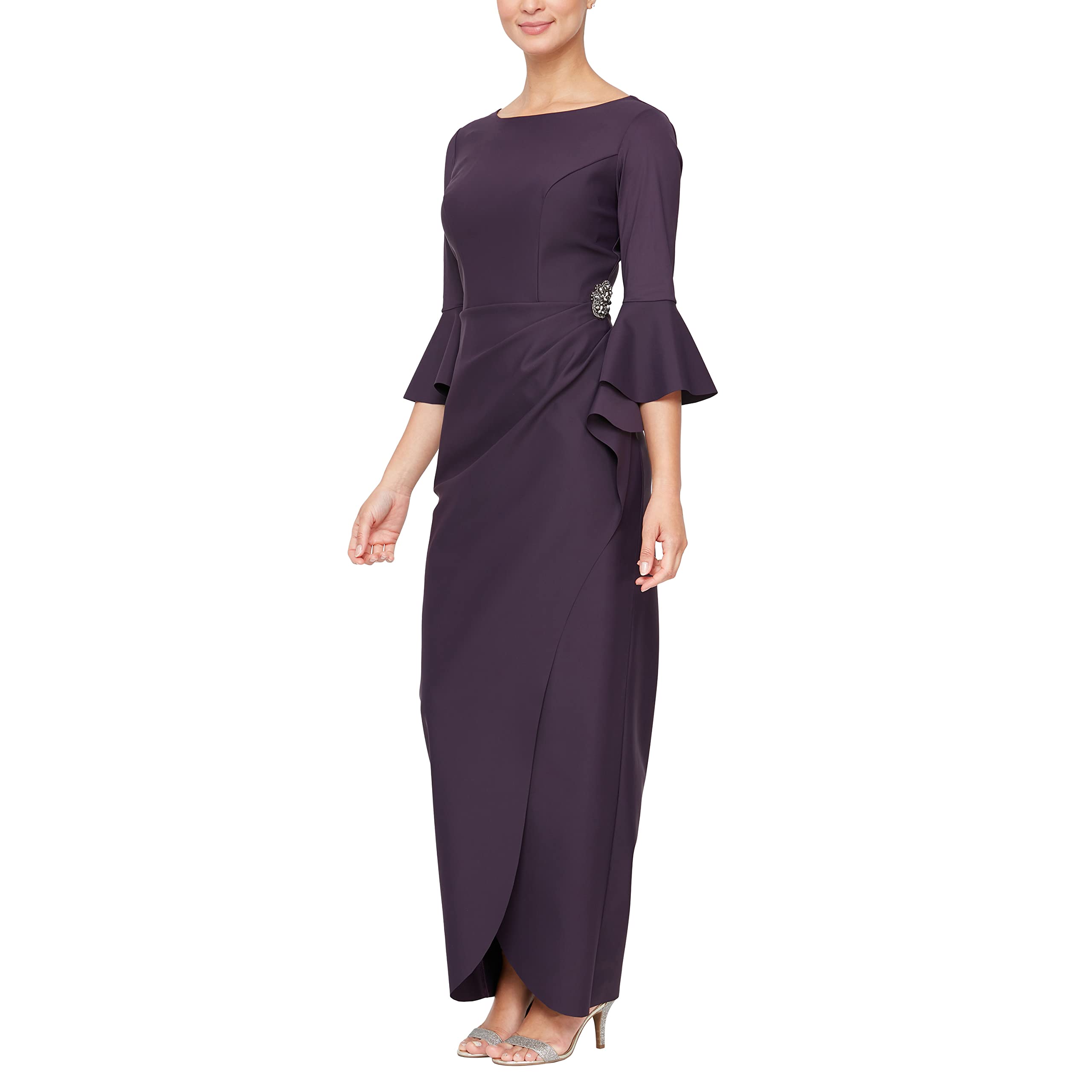 Photo 1 of 2.  Alex Evenings Women's Slimming Long Length Side Ruched Mother of The Bride Dress w/Hip Embellishment and Bell Sleeves, Aubergine, 2