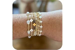 SHINUS BOHO Dainty Cross Clover Gold Beaded Pearl Bracelet Stack for Women,Handmade Boho Gold Plated Beads Stretch Stackable Bracelets Fashion Birthday Prom Jewelry Accessories Gift Friendship
