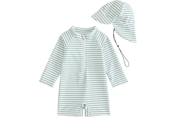 FishingDino Baby Swimsuit Newborn Girl Boy Rash Guard Set 0M-3T, Long Sleeve UPF Toddler Bathing Suit with Hat & Front Zipper