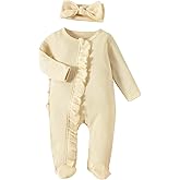 Ayalinggo Newborn Baby Romper Infant Girl One-piece Outfit Waffle Ruffle Zip Footie Spring Summer Clothes With Bow Headband