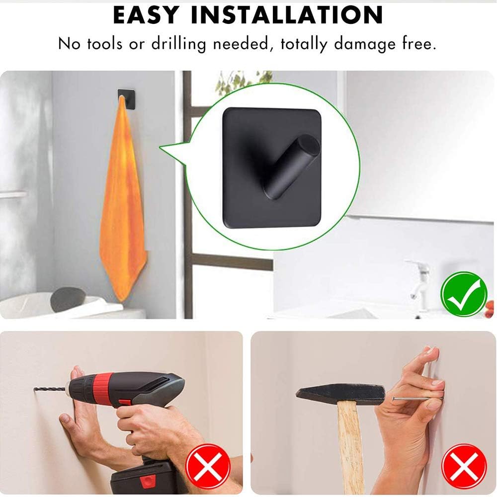 Adhesive Hooks for Hanging Towel Hooks Wall Hooks for Hanging No Damage Wall Hangers Without Nails Hanging Hooks Waterproof Stainless Steel Hook Wall Hooks Heavy Duty - 4 Pack Matte Black: Office Products