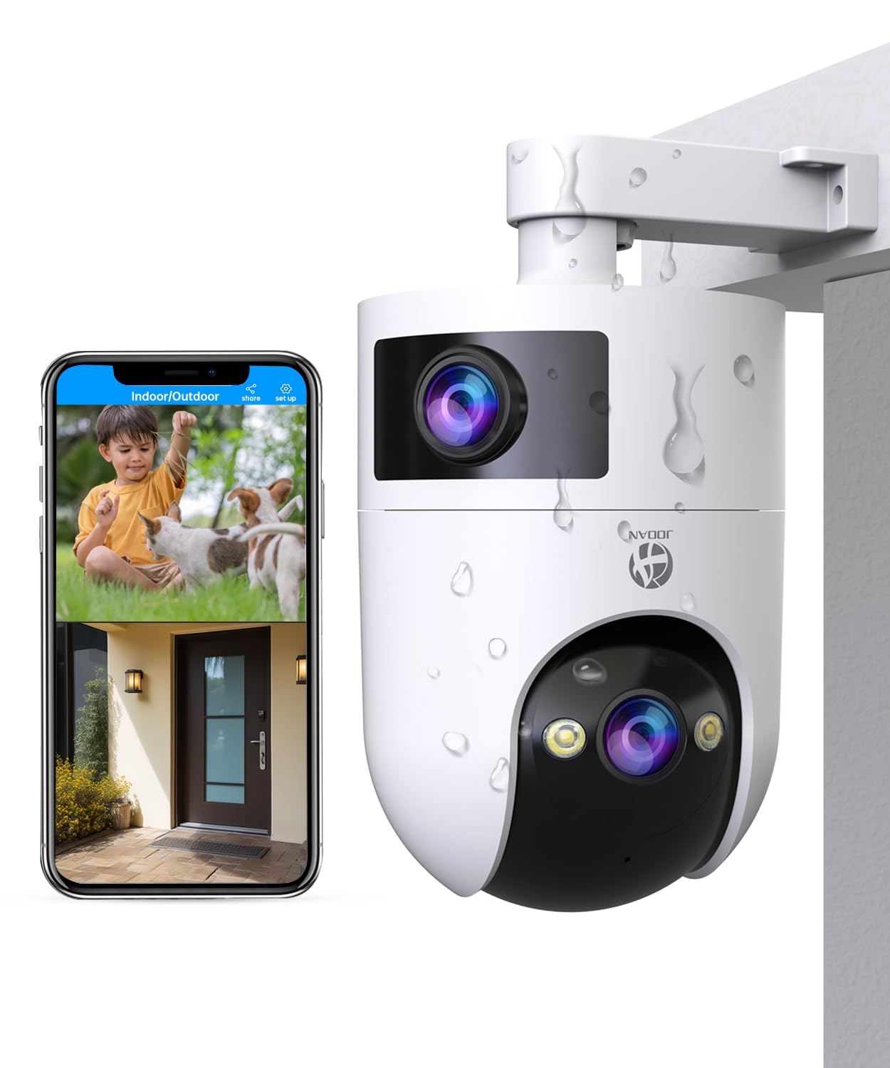 Photo 1 of JOOAN Security Camera Outdoor 2K Ultra HD Dual Lens 2.4G/5G WiFi Bluetooth 2 Cams in 1 Auto Tracking 360°View,2 Ways Audio IP66 Waterproof 3 Night Vsion Modes Cloud/SD Card Storage,Corded Power