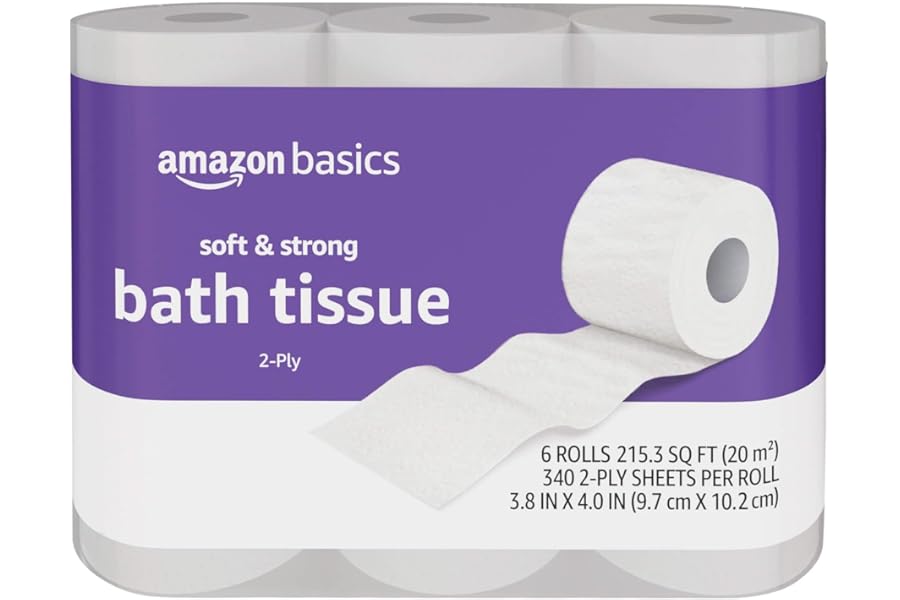 Amazon Basics Soft and Strong 2-Ply Toilet Paper, 6 Ultra Rolls = 24 Regular Rolls, Unscented, 340 Sheets per Roll, Septic Safe