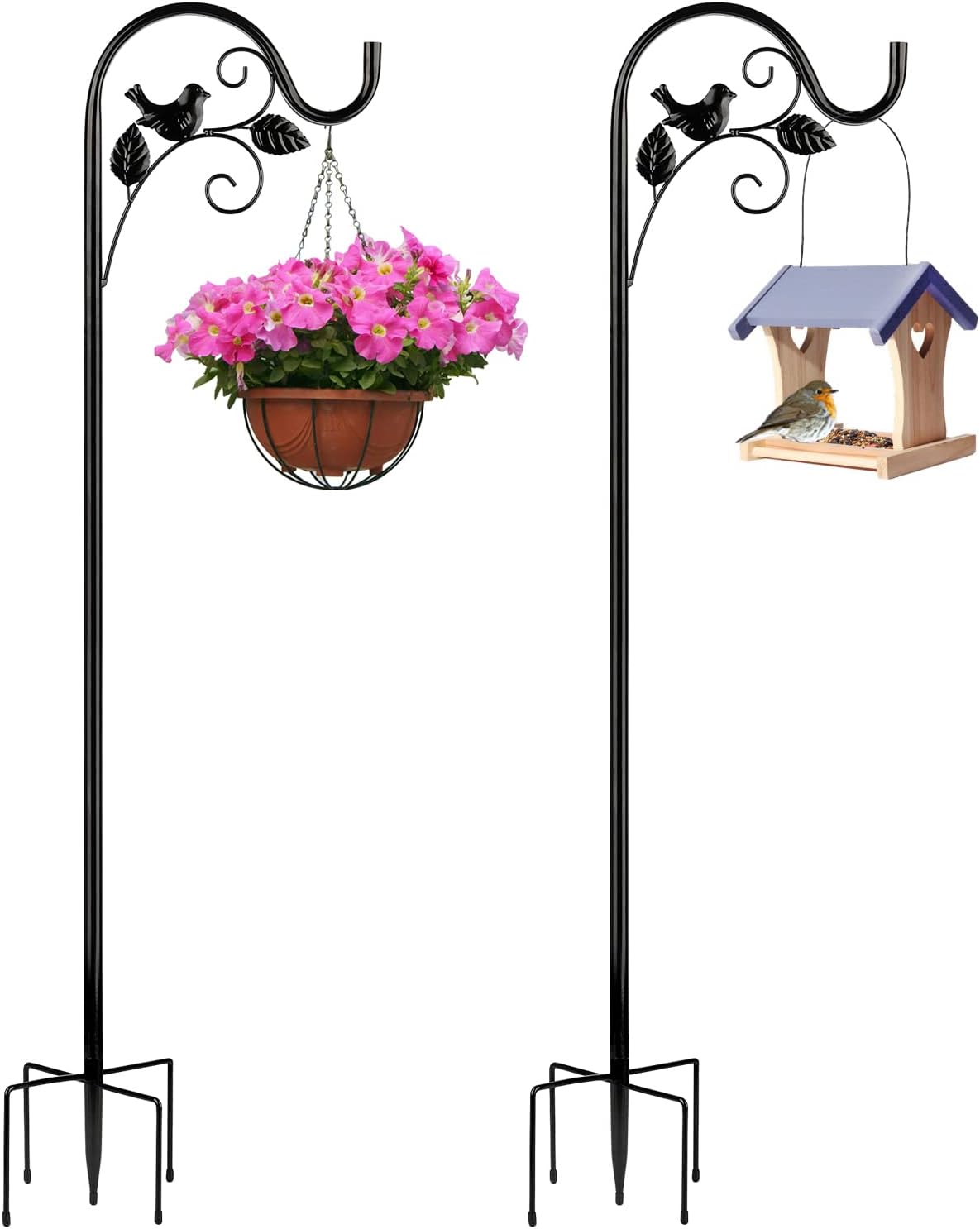 Outdoor Shepherd's Hooks - FAVE PLUS Hummingbird Feeder Metal Bird Ornament Shepherd Hook 66 Inch with 5 Prong Base Adjustable Height Heavy Decoration Hanging Holder LED Light for Garden, 2 Pack