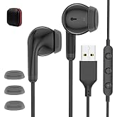USB Earbuds with Microphone PC In-Ear USB A Wired Computer Headphones Black | Track Control Noise Isolated 7.5ft Long Cord Stereo Headsets for HP Dell Surface Laptop Desktop Mac PS5 Zoom Office School