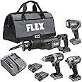 FLEX 24V Brushless Cordless 4-Tool Combo Kit: Drill Driver, Impact Driver, Reciprocating Saw, Work Light with (2) 2.5 Ah Lithium Batteries and 160W Fast Charger - FXM401-2A
