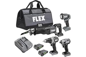 FLEX 24V Brushless Cordless 4-Tool Combo Kit: Drill Driver, Impact Driver, Reciprocating Saw, Work Light with (2) 2.5 Ah Lithium Batteries and 160W Fast Charger - FXM401-2A