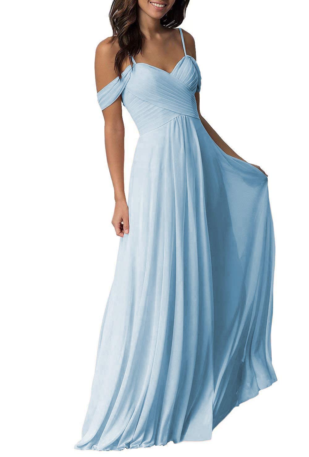 Women's Baby Blue Wedding Bridesmaid Dresses Long Cold Shoulder Chiffon Formal Evening Prom