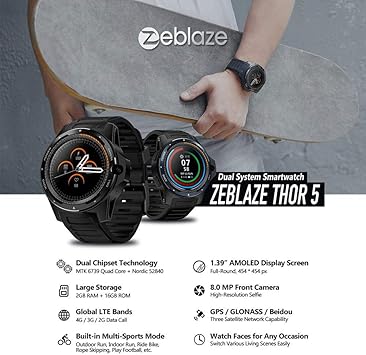 Lesgos New Zeblaze Thor 5 Dual SmartWatch, Zeblaze Thor Dual Systems 4G Smartphone Android Phone 8MP 3GB + 32GB 800MHz Battery Waterproof Smartwatch ...