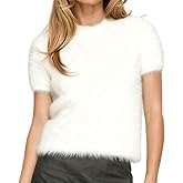 Doloame Women Furry Cropped Sweater Y2k Short Sleeve Crewneck Soft Fuzzy Sweater Knit Pullover Jumper