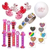 134 Piece Bulk Valentine Party Favors; 12 Mini Valentine Rubber Ducks, 48 Bookmarks, 72 Valentine Tattoos, Roll of 100 Heart Stickers + Gift Boutique Balloon.