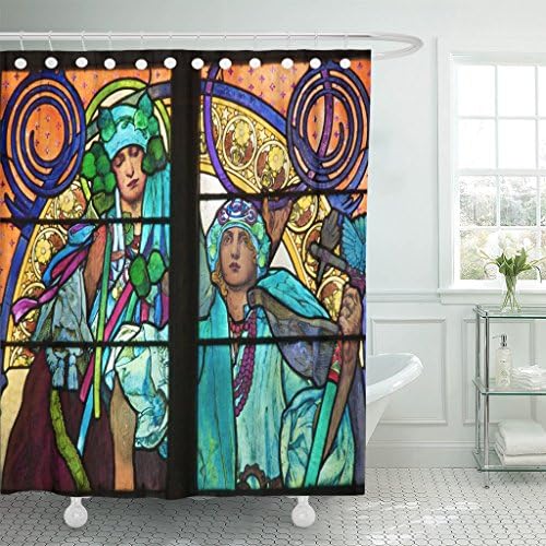 Breezat Shower Curtain Czech Close Up of the Nouveau Stained Glass Window By Alfons Mucha St Vitus Cathedral Prague Detail Waterproof Polyester Fabric 60 x 72 Inches Set with Hooks