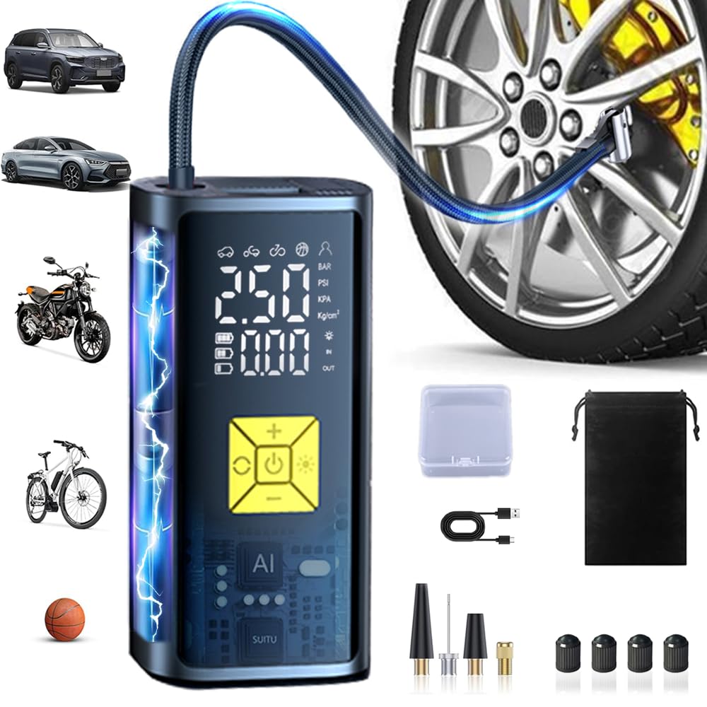 Photo 1 of Tire Inflator Portable Air Compressor, Car Tires Portable Air Compressor, Multipurpose Quick Inflation Auto-Off Bike Pump with Digital Pressure Gauge & Emergency Light for Car, Motorcycle, Ball