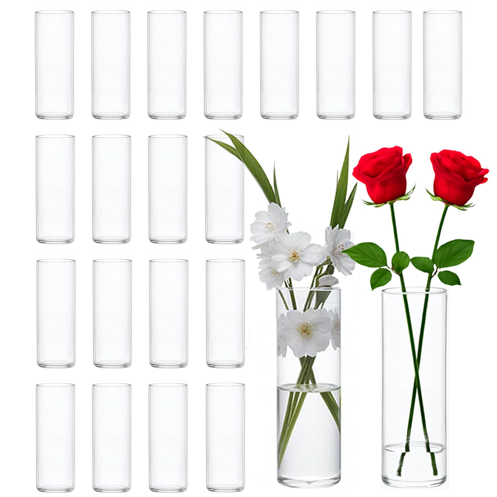 Photo 1 of 20 Pack Glass Vases, 8 Inch Tall Small Clear Glass Cylinder Vases for Centerpiece, Bulk Cylinder Flower Vase for Wedding Table Home Party Decor