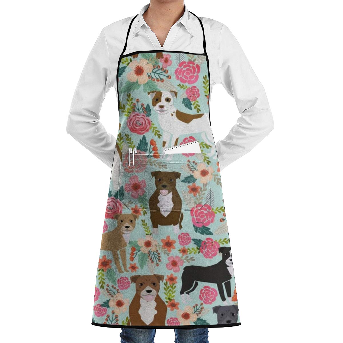 Men Women Kitchen Apron Waiter Hostess Apron Waterdrop Resistant Liquid Drop Resistant for Restaurant, Salon, Chef Floral Pitbull Apron Extra Long Ties