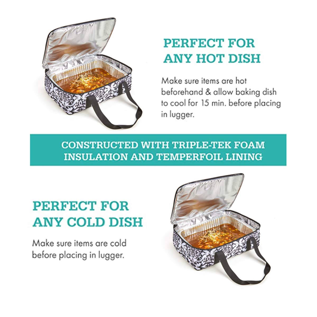 FATOLXX Insulated Casserole Carrier Bag Fits 9 * 13 Baking Dish Pan for Lasagna Lugger and Food Transport for Family Friend Gathering,Church Potluck Parties,Cookouts (Black White)