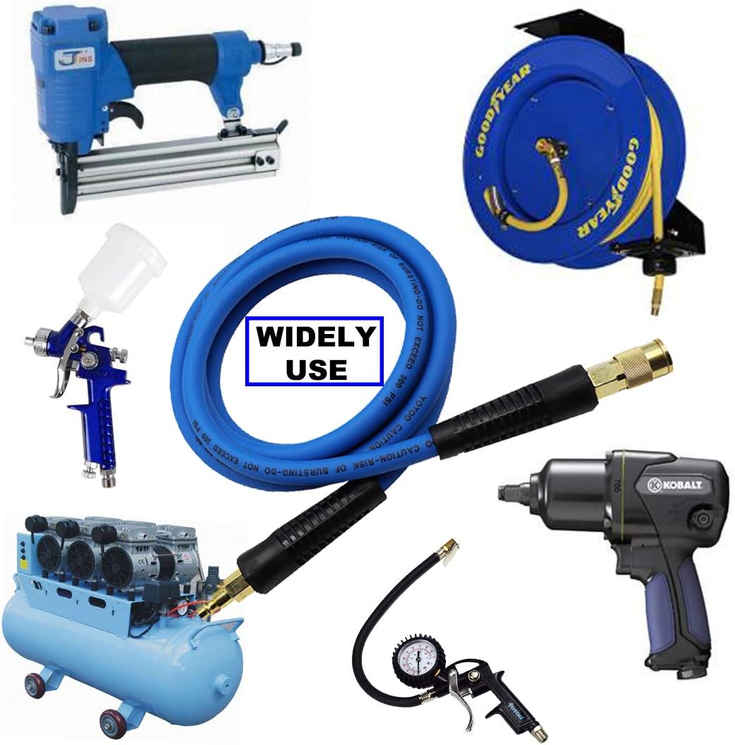 YOTOO Hybrid Lead-in Air Hose 3/8-Inch by 10-Feet 300 PSI Heavy Duty, Lightweight, Kink Resistant, All-Weather Flexibility with 1/4-Inch Brass Male Fittings, Bend Restrictors, Blue - - 