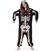 PARTY TELLER Adult Floral Skeleton Onesie Costume - One-Piece Pajama for Halloween Women