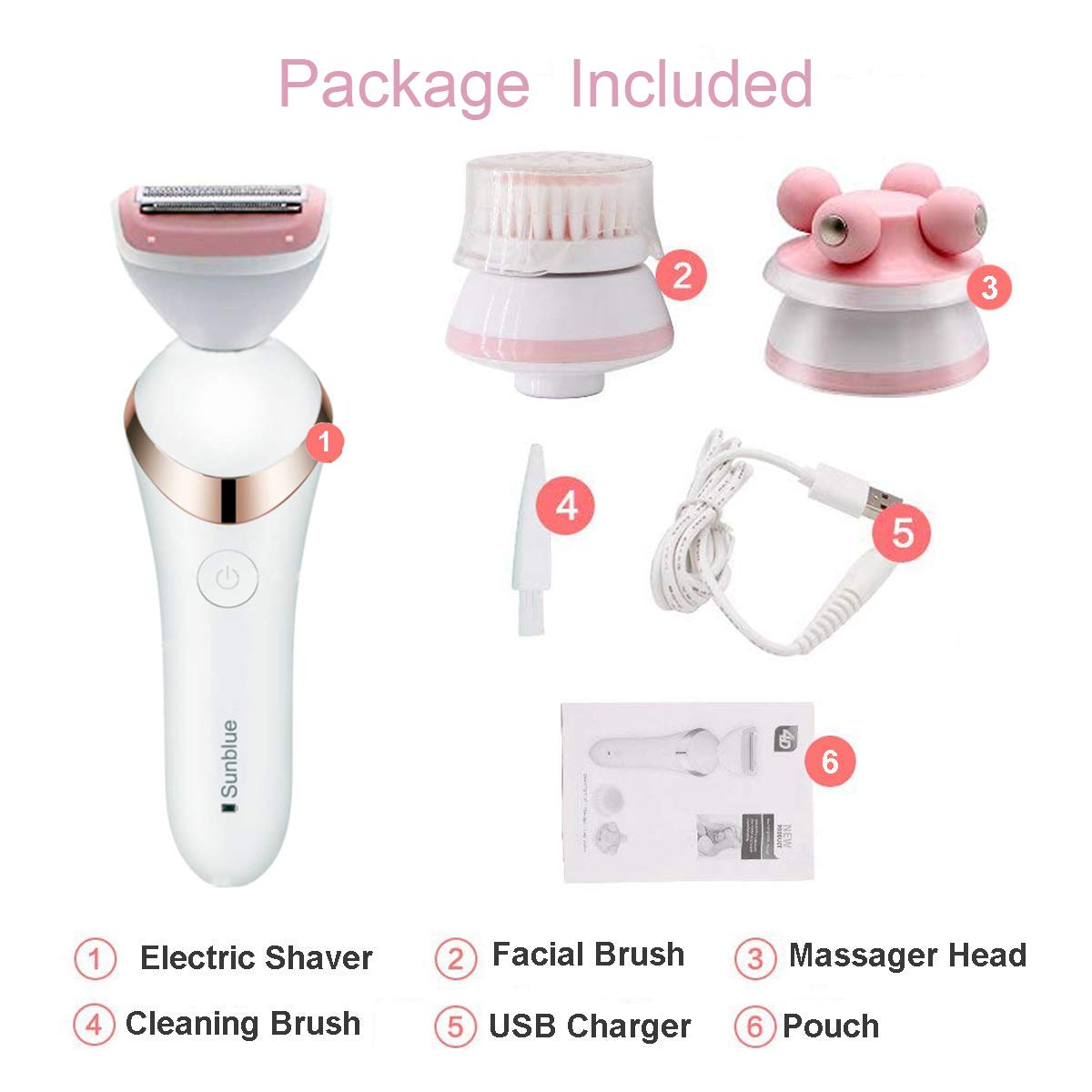 Lady Shaver, Sunblue USB Rechargable Waterproof Electric Ladies Bikini Trimmer, Facial Cleaning Brush and Rotating Massager 3 in 1 Mutifunction Set, Body Underarm Arms Legs Hair Female Shaver