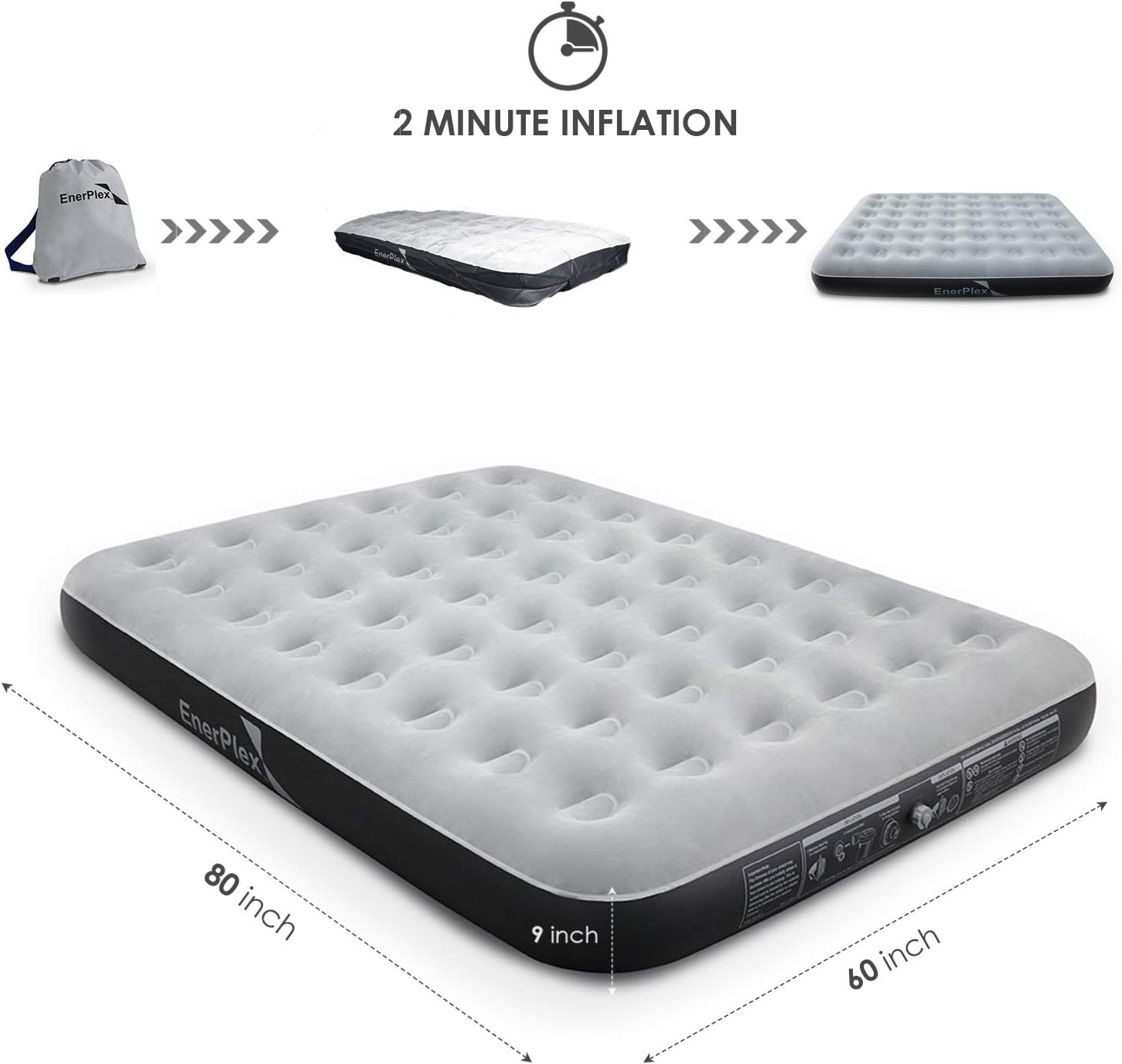 EnerPlex Never-Leak Camping Series Queen Camping Airbed with High Speed Pump Never Queen Size Air Mattress Single High Inflatable Blow Up Bed for Home Camping Travel 2-Year Warranty – Grey/Black: Kitchen & Dining