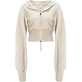 Flygo Women's Cropped Zip Up Hoodie Long Sleeve Drop Shoulder Sweatshirts Casual Ribbed Hem Workout Top Jacket with Pockets