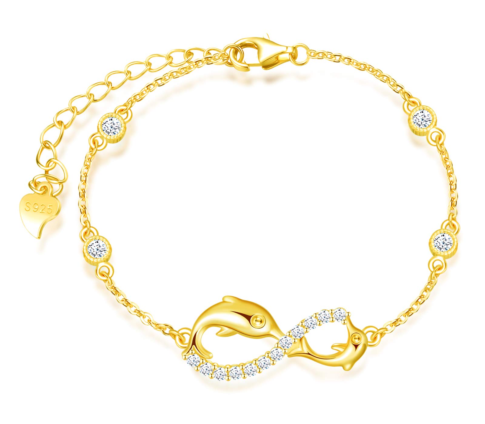 INFINIONLY Women's Girl's 925 sterling silver Bracelet, Cute dolphin infinity symbol bracelet, Inlaid zircon, gold, Christmas Valentine's Day and Birthday gift