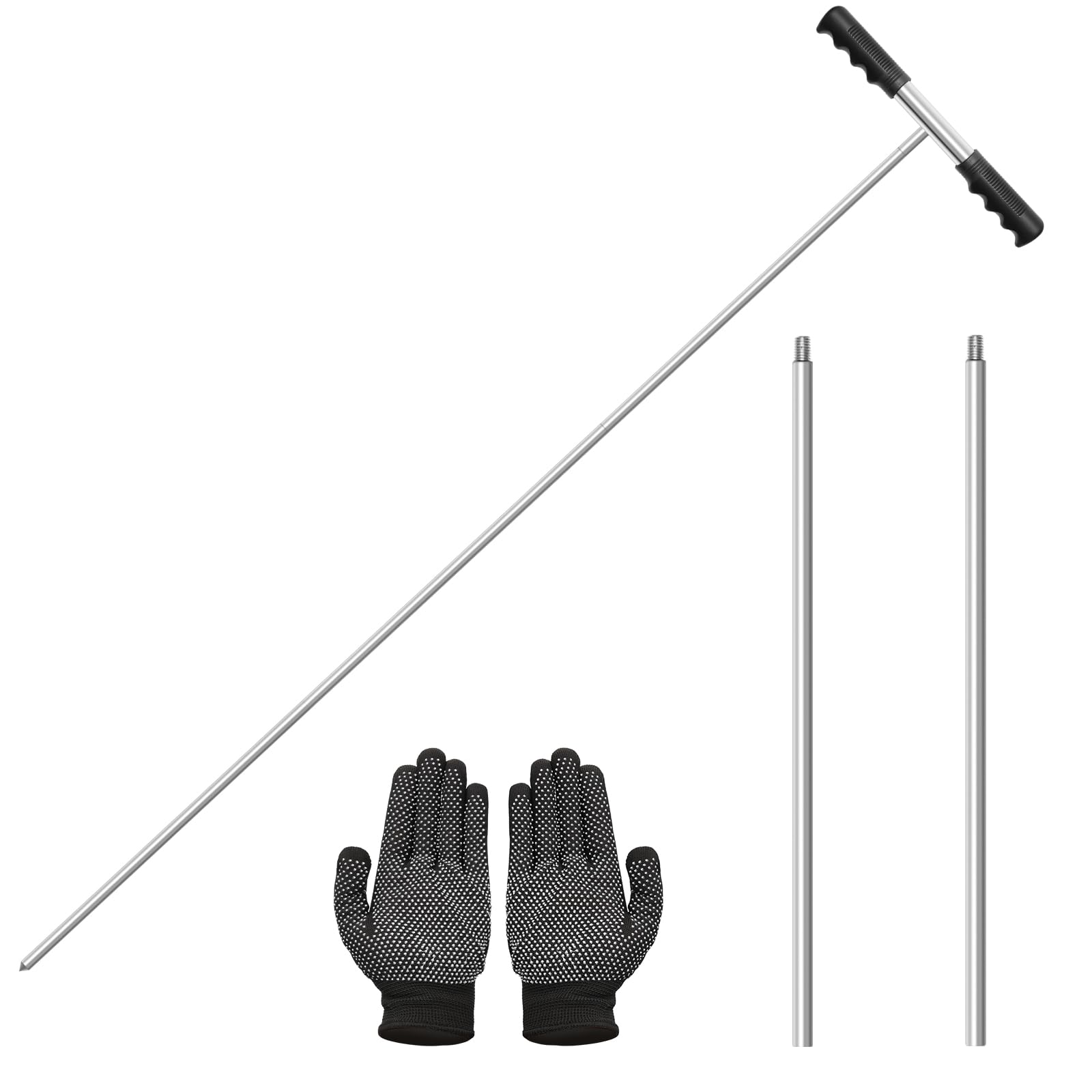 Photo 1 of Anglekai 32-48 Inch Stainless Steel Soil Probe Rod, Heavy Duty Metal Ground Probe Rod with Insulated T-Handle/Gloves for Locating Underground Pipe/Gardening/Soil Compaction