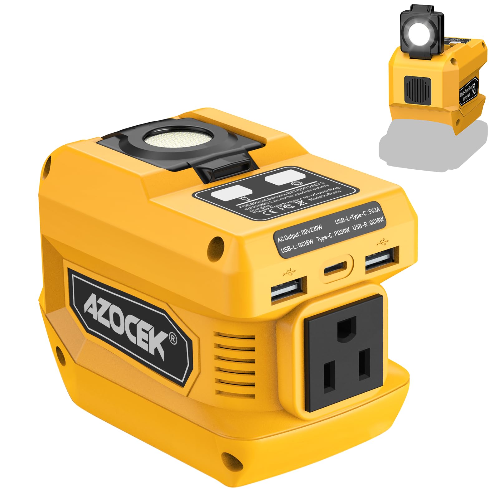 Photo 1 of Azocek 220W Power Inverter Compatible with Dewalt 20V Battery, DC 20V to AC 110V Portable Power Station with 1 AC Outlet, 2 USB Ports & 1 Type-C Fast Charging, 400LM LED Work Light