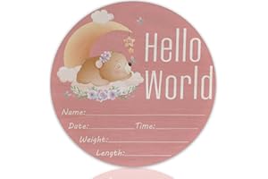 CLHHM Hello World Birth Announcement 6" Round Birch Wood Newborn Sign for Nursery Hospital & Baby Shower, Personalized Baby Name Plaque, Keepsake Décor Gift for New Parents (Pink Moon Bear)