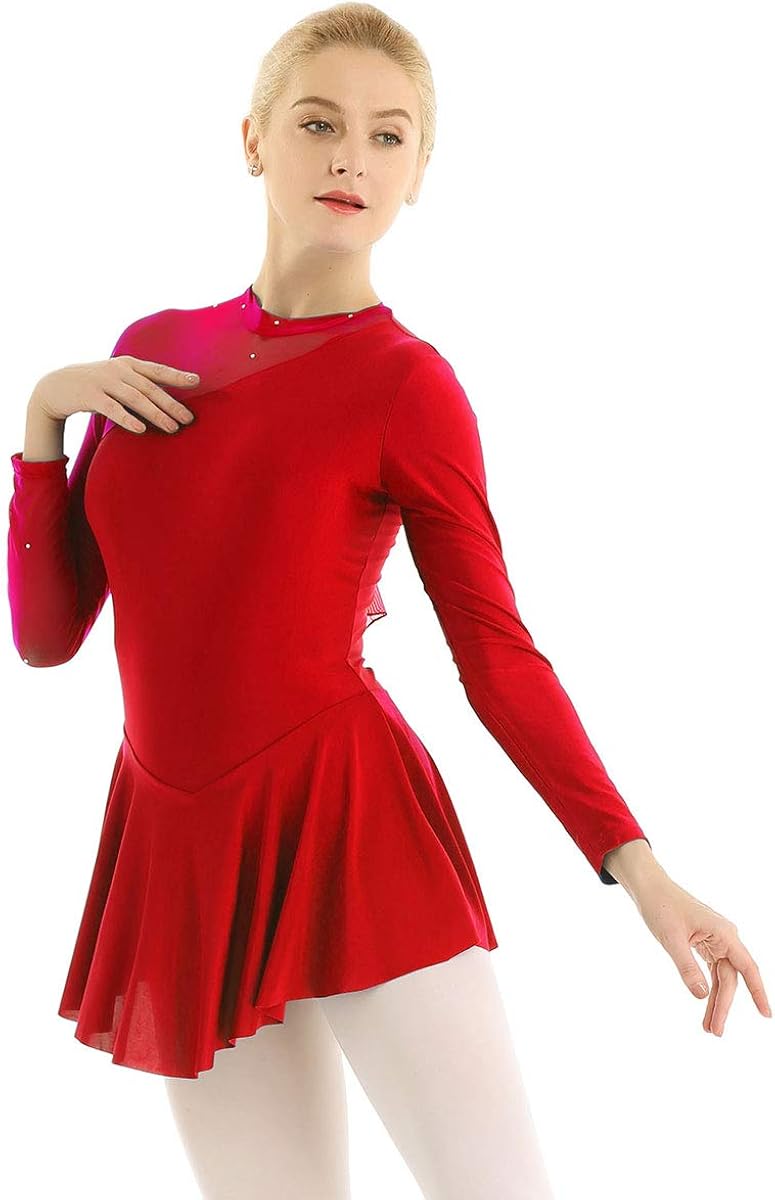 CHICTRY Women's Long Sleeve Mesh Skirt Figure Skating Dress Built in Briefs Ballet Dace Wrap Skirt: Clothing
