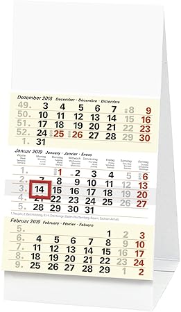 Brunnen 1070211 Drei-Monats-Tischkalender, 97 x 190 mm, 1 Blatt = 3 Monate, Karton-Aufsteller, Kalendarium 2019