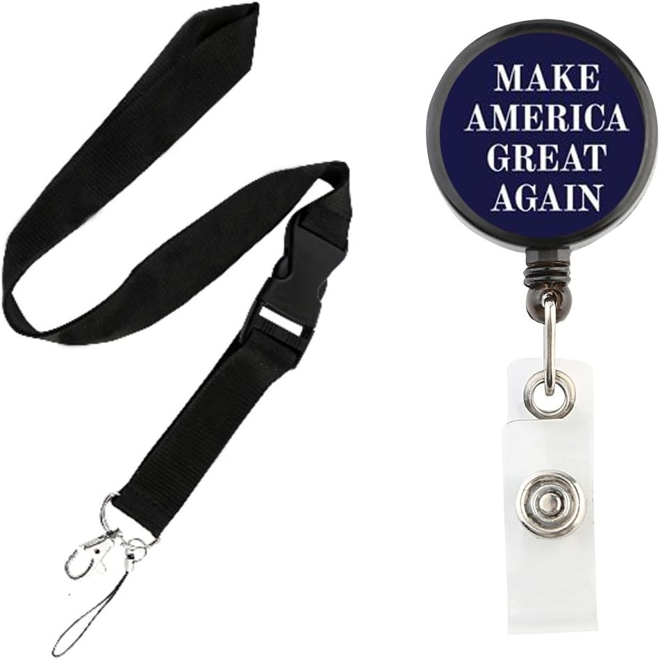 Translucent Retractable Badge Holder Reel Key Chain Reel with Lanyard for Key Cards and ID Cards (Make America Great Again Black Reel & Lanyard)